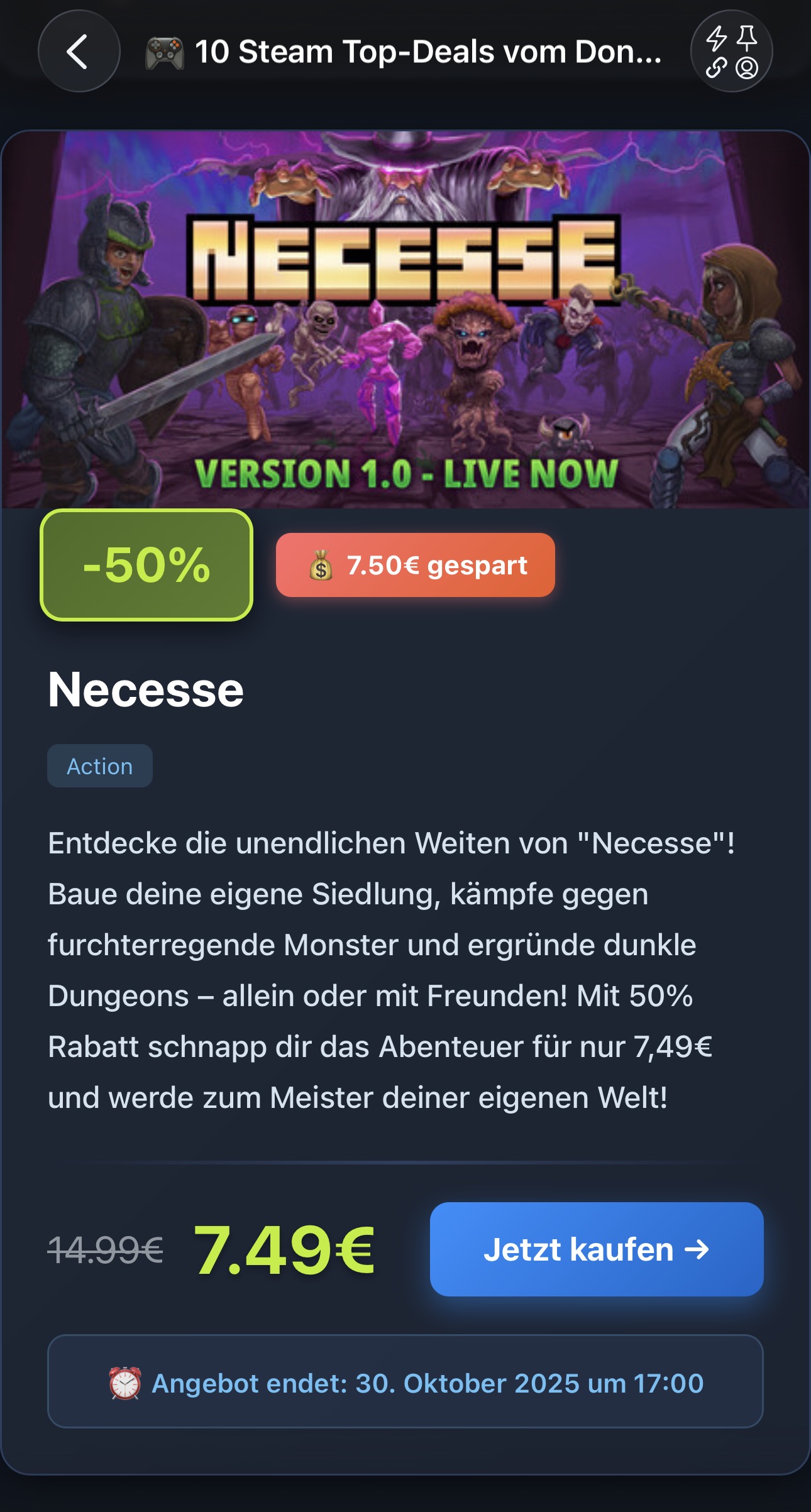 Steam Deal Detail mit KI-Beschreibung und Badges